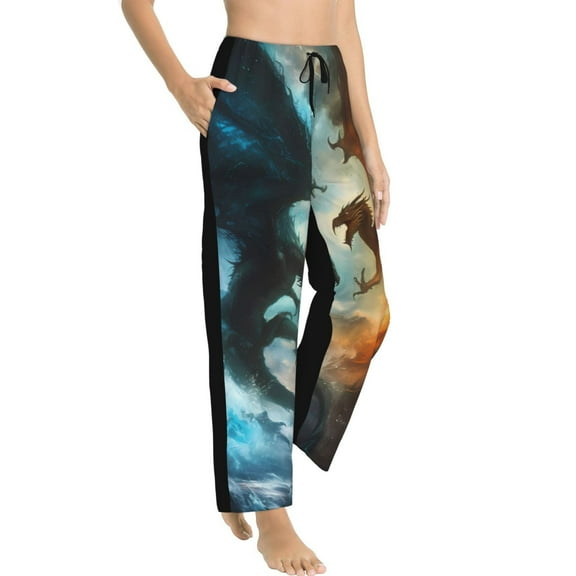 Fotbe Red And Blue Flame Wave Dragon Women's Pajama Pants,Sleepwear Pants,Pj Bottoms Drawstring And Pockets-
