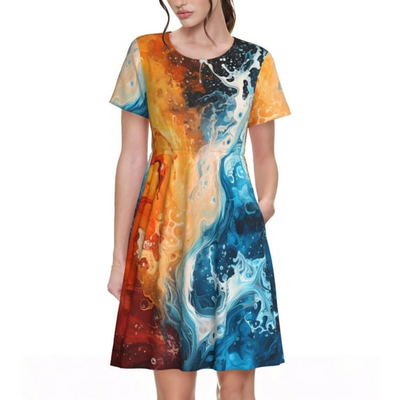 Fotbe Red And Blue Waves Pattern Dress Casual Womens Fashion Short Sleeve Maxi Dress T Shirt Dress Striped Long Color Block Maxi Dress