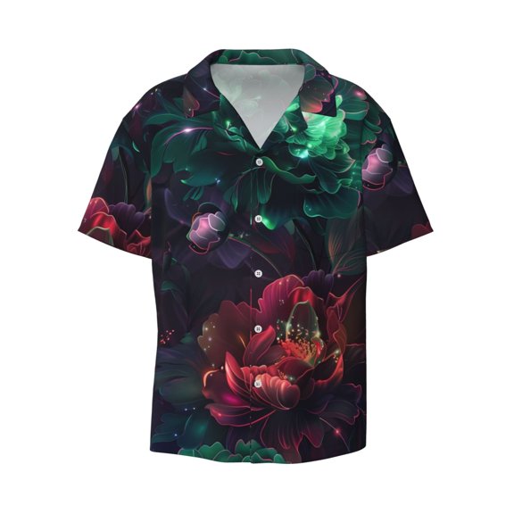 Fotbe Red And Green Carnation print Short Sleeve Button Down Shirts for Men Casual Summer Beach Wrinkle Free Shirt-Medium