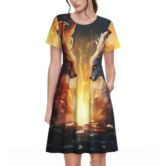 Fotbe Red And White Flame Fox Pattern Dress Casual Womens Fashion Short Sleeve Maxi Dress T Shirt Dress Striped Long Color Block Maxi Dress