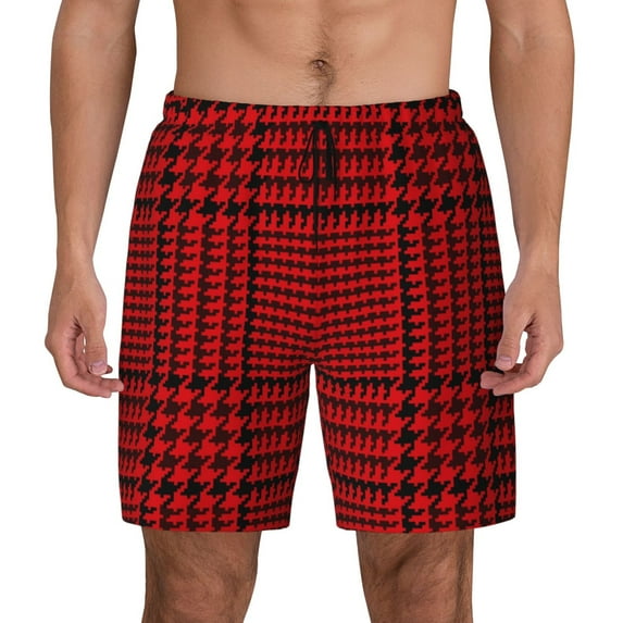 Fotbe Red Black Houndstooth Men’s Swim Trunks Quick Dry Swim Shorts Board Shorts with Mesh Lining-Large