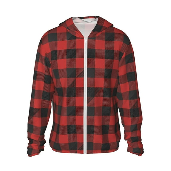 Fotbe Red Black Plaid Men's Women's UPF 50+ Sun Protection Jacket Hooded Cooling Shirt with Pockets Hiking Outdoor Performance-Large