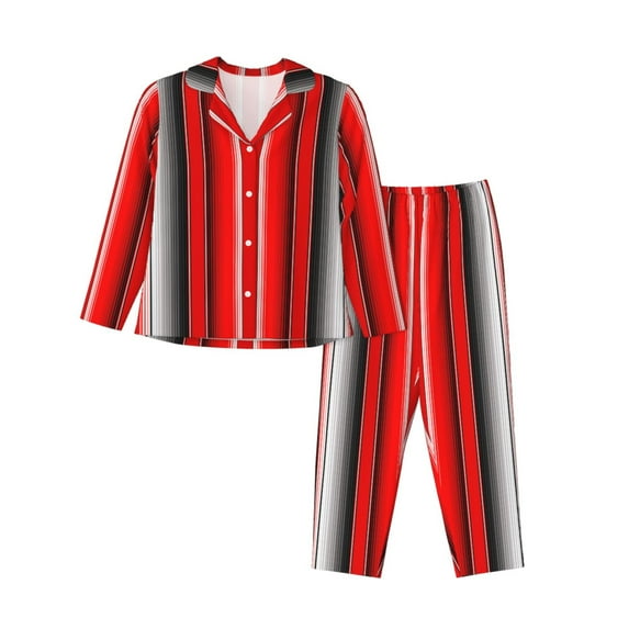 Fotbe Red Black and White Serape Blanket Stripes Pattern Long Sleeve Pajama Set for Women,Sleepwear Set,2-piece Loungewear Set,Soft PJs Comfy Nightwear with Pockets-XX-Large