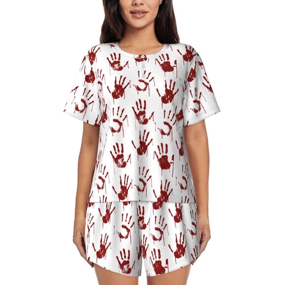 Fotbe Red Bloody Scary Hands2 Print Pajama Set for Women 2 Piece Loungewear Short Sleeve Tops and Shorts Set Soft Sleepwear-Small