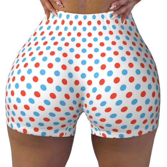 Fotbe Red Blue Polka Dots Seamless Shorts, Womens Workout Shorts High Waist Stretch Booty Short for Gym/Yoga/Running/Biking-Medium