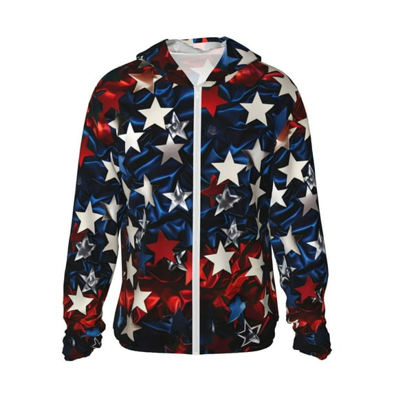 Fotbe Red Blue White Stars Men's Women's UPF 50+ Sun Protection Jacket Hooded Cooling Shirt with Pockets Hiking Outdoor Performance-XX-Large