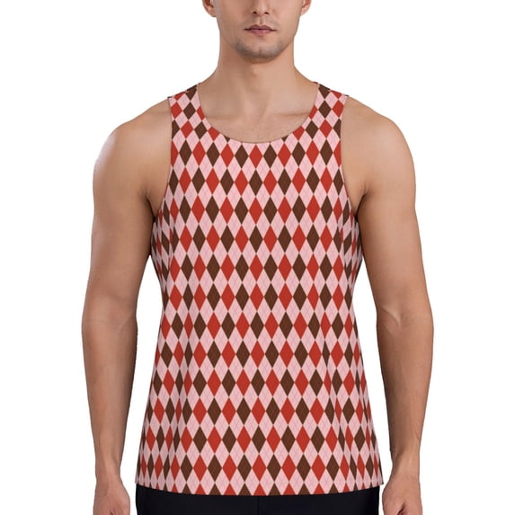 Fotbe Red and Brown Squares Pattern Men's Quick Dry Workout Tank Top Gym Muscle Tee Fitness Bodybuilding Sleeveless T Shirt Breathable Workout Shirt-X-Large