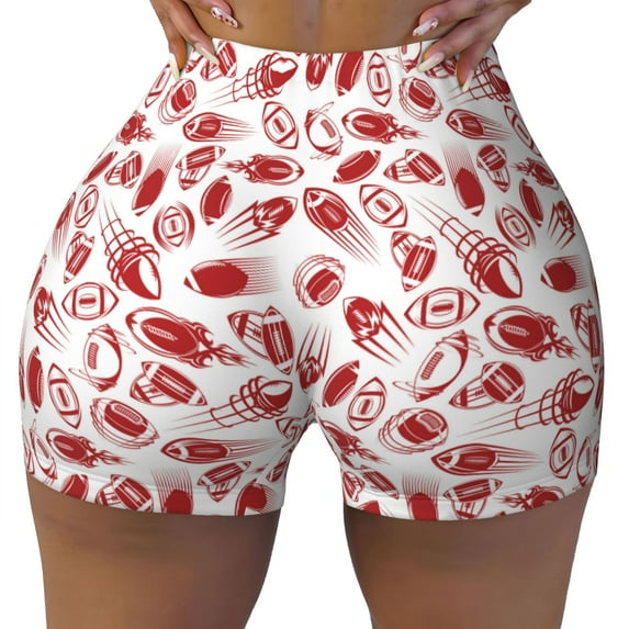 Fotbe Red Football Seamless Shorts, Womens Workout Shorts High Waist Stretch Booty Short for Gym/Yoga/Running/Biking-Small