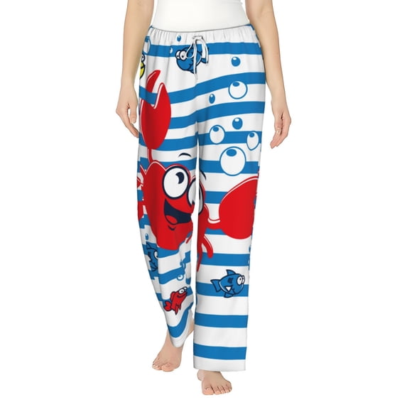 Fotbe Red Funny Crab on Blue Stripe Women's Pajama Pants,Sleepwear Pants,Pj Bottoms Drawstring And Pockets-XX-Large