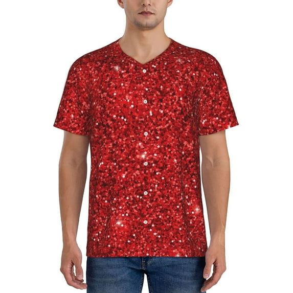 Fotbe Red Glitter Baseball Jersey Shirt for Men and Women, Casual Short Sleeves Button Down T-Shirt-Small