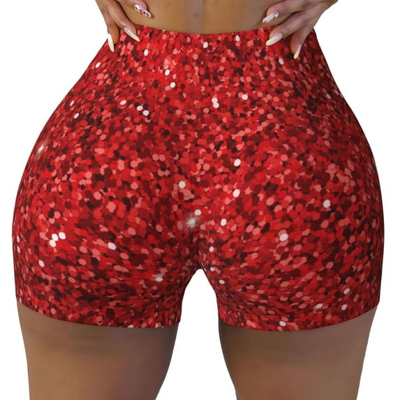 Fotbe Red Glitter Seamless Shorts, Womens Workout Shorts High Waist Stretch Booty Short for Gym/Yoga/Running/Biking-XX-Large