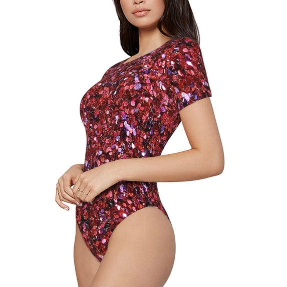 Fotbe Red Glitter Women's Crew Neck Short Sleeves Bodysuit Tops Round Neck Slim Sleeveless Soft Comfortable Basic-Small