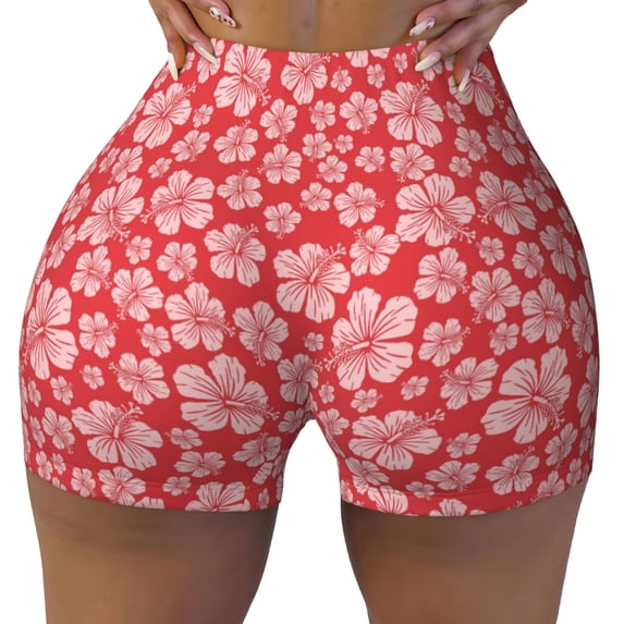 Fotbe Red Hibiscus Flower Seamless Shorts, Womens Workout Shorts High Waist Stretch Booty Short for Gym/Yoga/Running/Biking-Medium