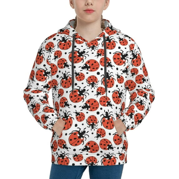 Fotbe Red Ladybugs Pattern Youth Pullover Hooded Sweatshirt, Boys Hoodie, Kangaroo Pocket Hoodie for Kids Girls -Small