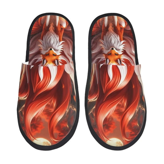 Fotbe Red Leaf Flame Fox Pattern Women's Fuzzy Slippers Plush Slippers Fluffy Winter House Shoes Indoor and Outdoor-Large