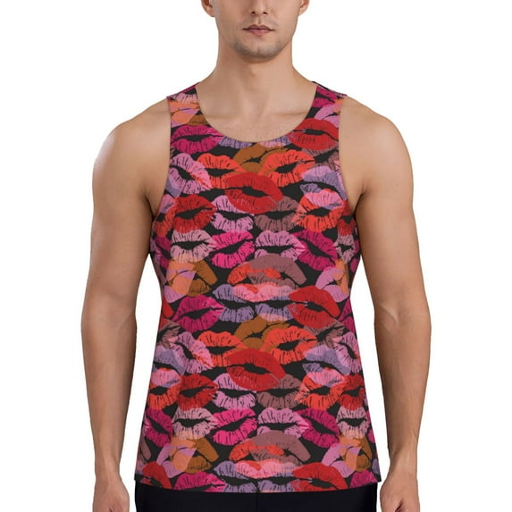 Fotbe Red Lips Kissing Pattern Men's Quick Dry Workout Tank Top Gym Muscle Tee Fitness Bodybuilding Sleeveless T Shirt Breathable Workout Shirt-Small