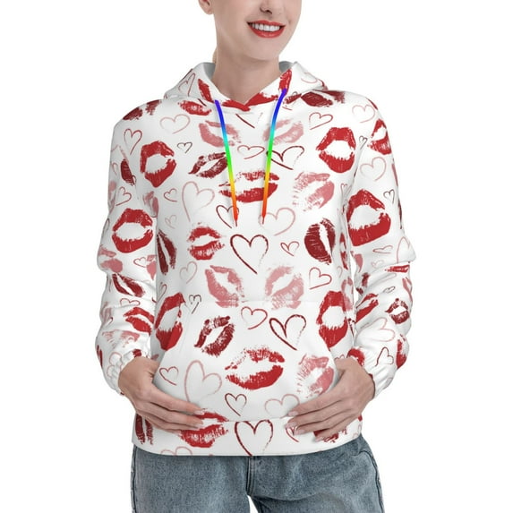 Fotbe Red Lips Pattern Womens Long Sleeve Hoodie, Pullover Hooded Sweatshirt, Kangaroo Pocket Hoodie with Eye-catching Drawstrings-XX-Large