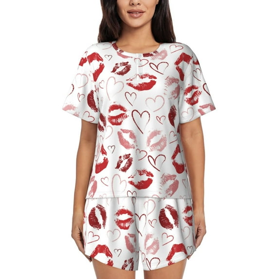 Fotbe Red Lips Print Pajama Set for Women 2 Piece Loungewear Short Sleeve Tops and Shorts Set Soft Sleepwear-Medium