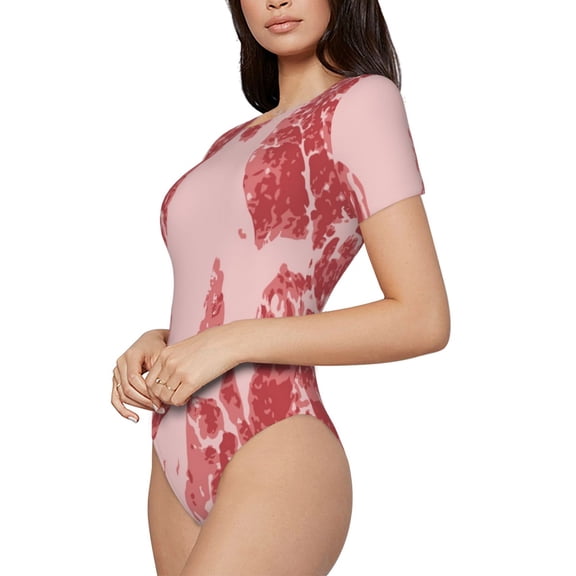 Fotbe Red Meat Women's Crew Neck Short Sleeves Bodysuit Tops Round Neck Slim Sleeveless Soft Comfortable Basic-Medium
