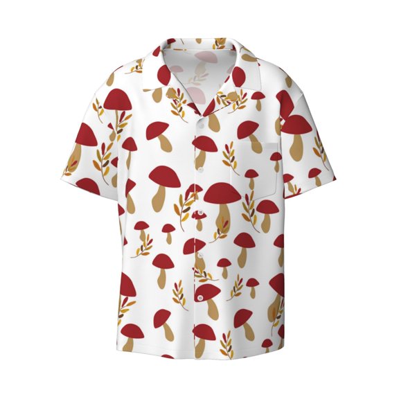 Fotbe Red Mushroom print Short Sleeve Button Down Shirts for Men Casual Summer Beach Wrinkle Free Shirt-Small