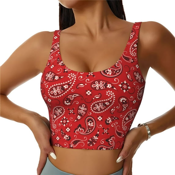 Fotbe Red Paisley Floral Pattern Womens' Sports Bra Longline Wirefree Padded with Medium Support Sports Moisture-Wicking Workou Vest,Tank Top-X-Large