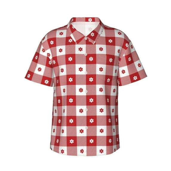 Fotbe Red Plaid Daisy Hawaiian Shirt for Men Unisex Summer Beach Casual Short Sleeve Cotton Linen Button Down Shirts-3X-Large