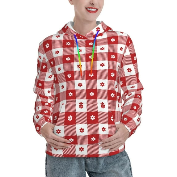 Fotbe Red Plaid Daisy Pattern Womens Long Sleeve Hoodie, Pullover Hooded Sweatshirt, Kangaroo Pocket Hoodie with Eye-catching Drawstrings-