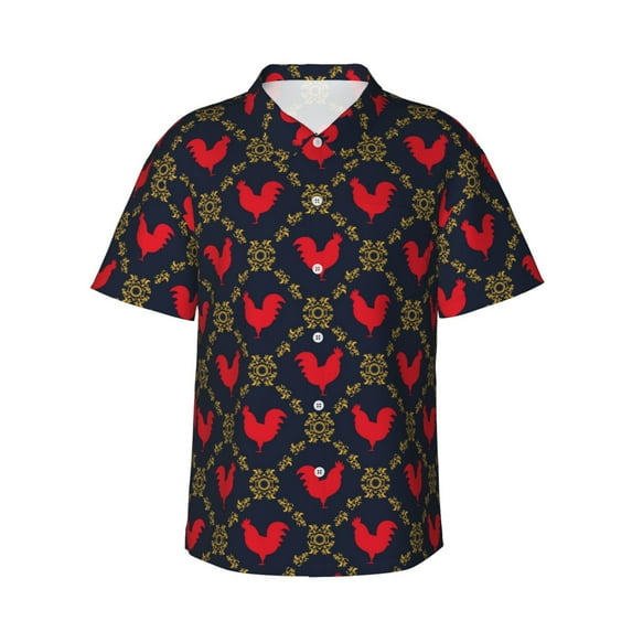 Fotbe Red Rooster Hawaiian Shirt for Men Unisex Summer Beach Casual Short Sleeve Cotton Linen Button Down Shirts-X-Large