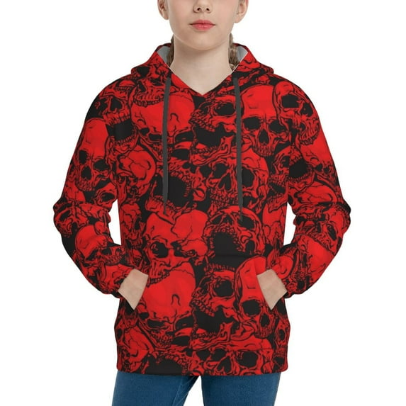 Fotbe Red Skulls 3 Pattern Youth Pullover Hooded Sweatshirt, Boys Hoodie, Kangaroo Pocket Hoodie for Kids Girls -X-Large