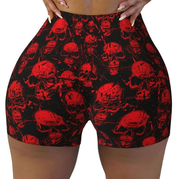 Fotbe Red Skulls Seamless Shorts, Womens Workout Shorts High Waist Stretch Booty Short for Gym/Yoga/Running/Biking-XX-Large