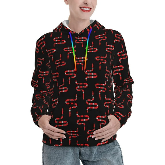 Fotbe Red Snake Pattern Womens Long Sleeve Hoodie, Pullover Hooded Sweatshirt, Kangaroo Pocket Hoodie with Eye-catching Drawstrings-Medium