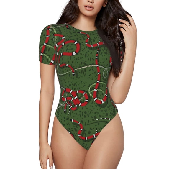 Fotbe Red Snake Women's Crew Neck Short Sleeves Bodysuit Tops Round Neck Slim Sleeveless Soft Comfortable Basic-Small