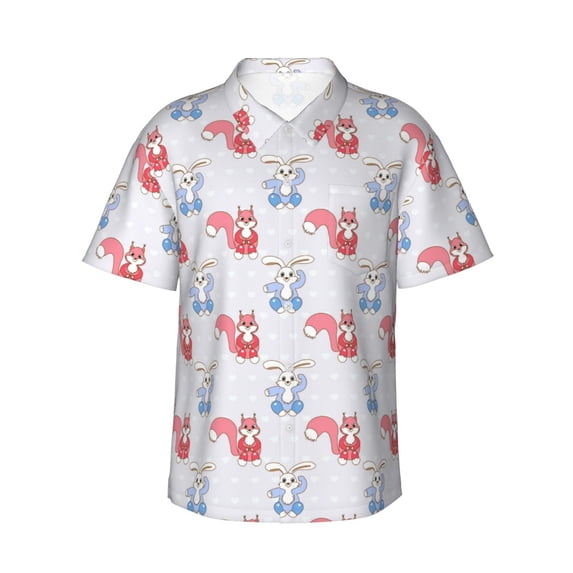 Fotbe Red Squirrel And Blue Rabbit Hawaiian Shirt for Men Unisex Summer Beach Casual Short Sleeve Cotton Linen Button Down Shirts-3X-Large