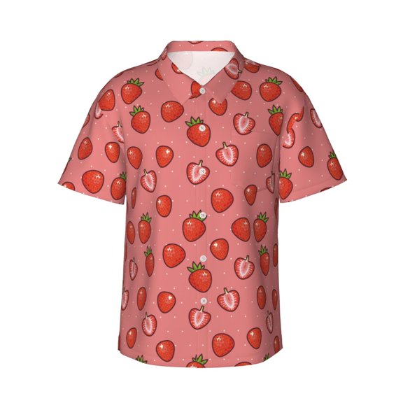 Fotbe Red Strawberry Hawaiian Shirt for Men Unisex Summer Beach Casual Short Sleeve Cotton Linen Button Down Shirts-3X-Large