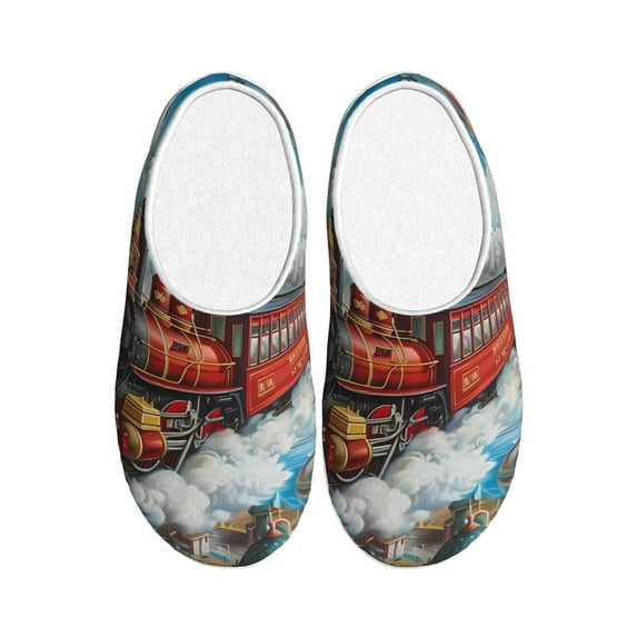 Fotbe Red Train Hot Air Balloon Pattern Women's Fuzzy Curly Fur Memory Foam Loafer Slippers Indoor Outdoor Slippers Winter Home Shoes-35/36