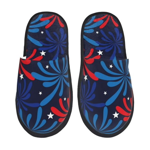 Fotbe Red White Blue Fireworks Pattern Women's Fuzzy Slippers Plush Slippers Fluffy Winter House Shoes Indoor and Outdoor-Medium