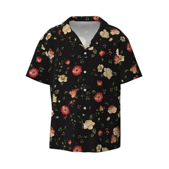 Fotbe Red White Flowers print Short Sleeve Button Down Shirts for Men Casual Summer Beach Wrinkle Free Shirt-Large