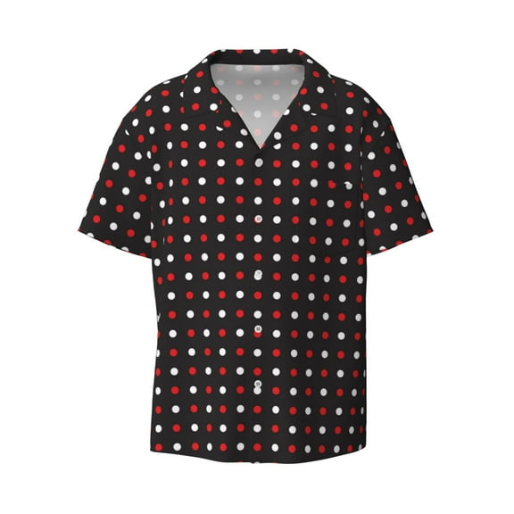 Fotbe Red and white polka dots print Short Sleeve Button Down Shirts for Men Casual Summer Beach Wrinkle Free Shirt-X-Large