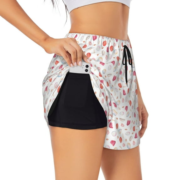 Fotbe Red coral and scallop seashell Womens High Waist Running Shorts Athletic Workout Quick Dry Shorts for Women with Pockets Gym Yoga Summer Shorts-Small