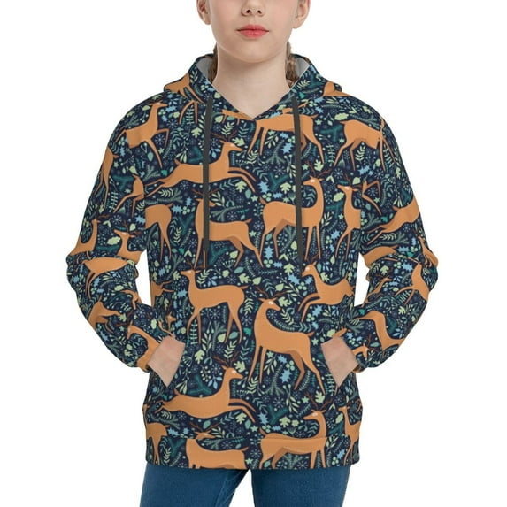 Fotbe Reindeer Pattern Youth Pullover Hooded Sweatshirt, Boys Hoodie, Kangaroo Pocket Hoodie for Kids Girls -Medium