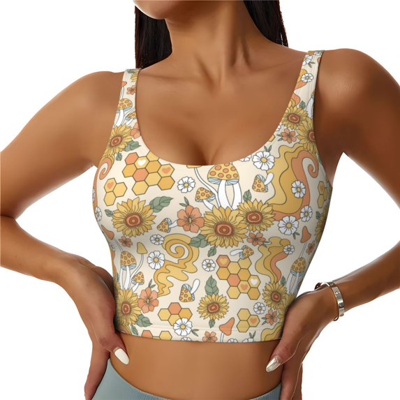 Fotbe Retro 70s 60s Flower Pattern Womens' Sports Bra Longline Wirefree Padded with Medium Support Sports Moisture-Wicking Workou Vest,Tank Top-Small