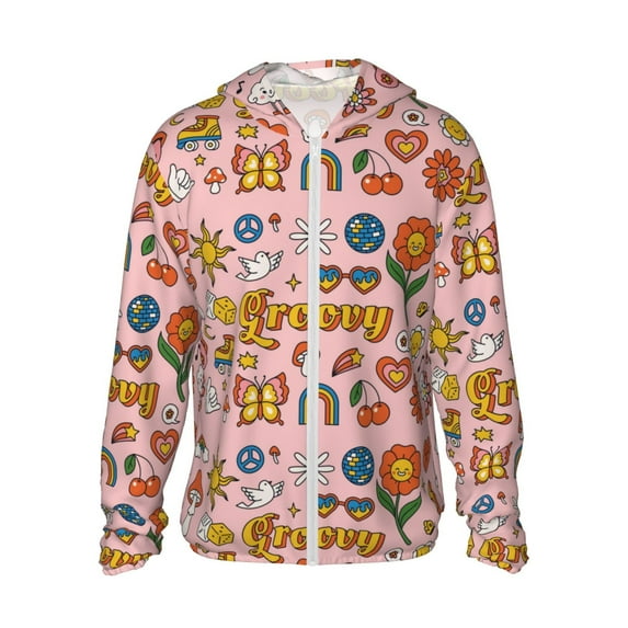 Fotbe Retro 70s Hippie Men's Women's UPF 50+ Sun Protection Jacket Hooded Cooling Shirt with Pockets Hiking Outdoor Performance-Small
