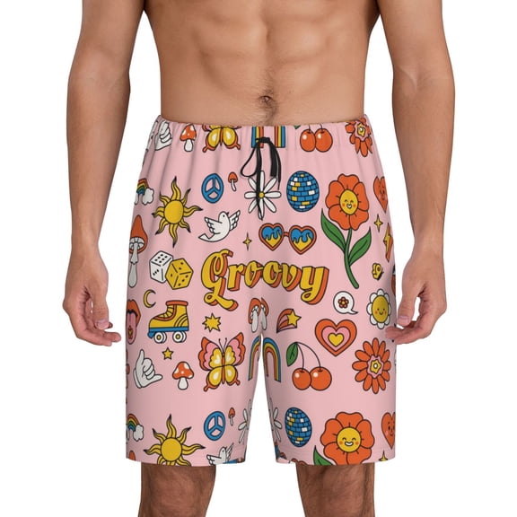 Fotbe Retro 70s Hippie Pajama Shorts for Men, Men's Pajama Bottoms, Sleepwear,Short Pajama Pants-Small