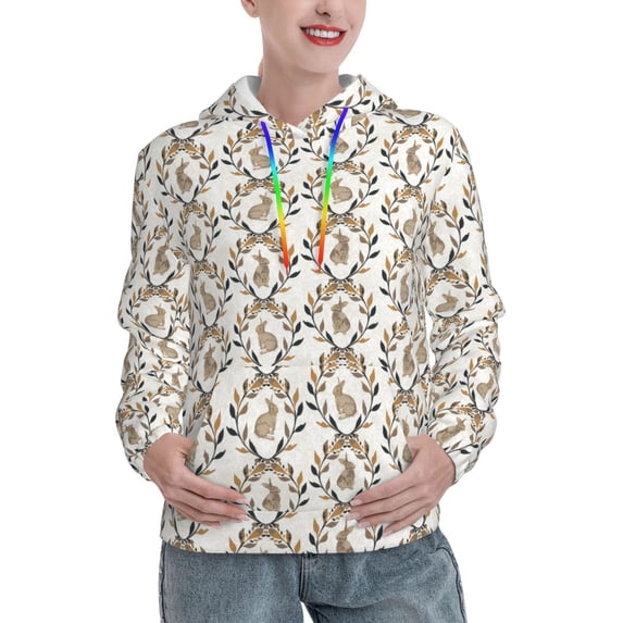 Fotbe Retro Bunny Pattern Womens Long Sleeve Hoodie, Pullover Hooded Sweatshirt, Kangaroo Pocket Hoodie with Eye-catching Drawstrings-XX-Large