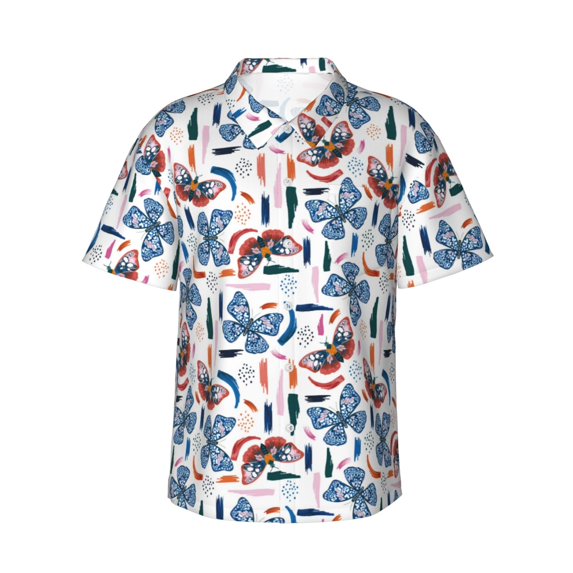 Fotbe Retro Butterfly Hawaiian Shirt for Men Unisex Summer Beach Casual Short Sleeve Cotton Linen Button Down Shirts-Small