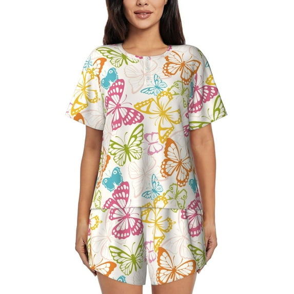 Fotbe Retro Colorful Butterfly Print Pajama Set for Women 2 Piece Loungewear Short Sleeve Tops and Shorts Set Soft Sleepwear-Medium