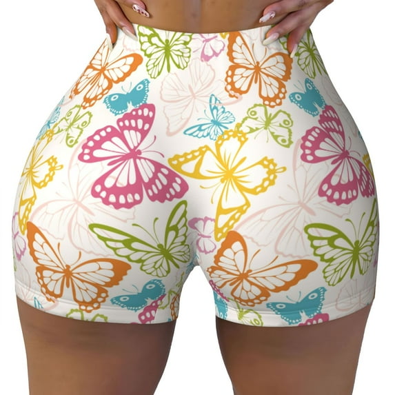 Fotbe Retro Colorful Butterfly Seamless Shorts, Womens Workout Shorts High Waist Stretch Booty Short for Gym/Yoga/Running/Biking-Medium