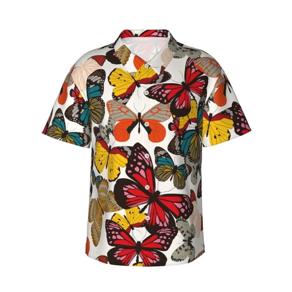 Fotbe Retro Floral Butterfly Hawaiian Shirt for Men Unisex Summer Beach Casual Short Sleeve Cotton Linen Button Down Shirts-X-Large
