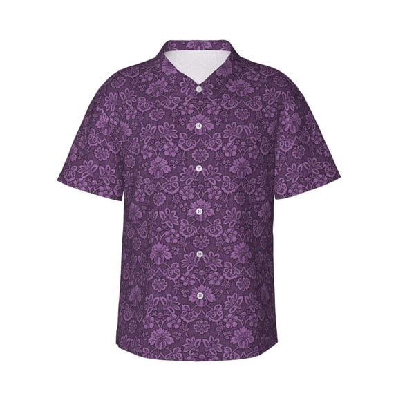 Fotbe Retro Florals Purple Hawaiian Shirt For Men Unisex Summer Beach Casual Short Sleeve Cotton Linen Button Down Shirts-Small