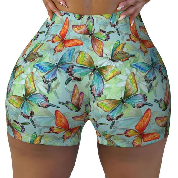 Fotbe Retro Flying Butterflies Seamless Shorts, Womens Workout Shorts High Waist Stretch Booty Short for Gym/Yoga/Running/Biking-Large